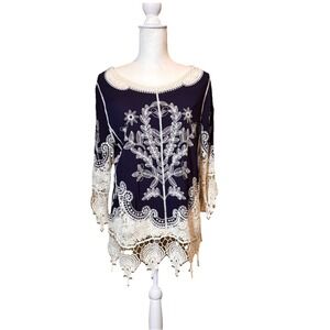 Pinky XL Navy Blue Embroidered Lace Boho Tunic Blouse Crochet Trim Boho